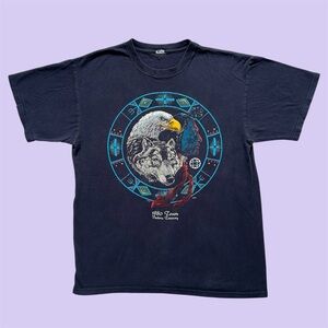 Vintage 90s Native Eagle Wolf 1880 Town Graphic Tee Navy Medium